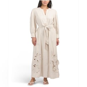 🔹️Solitaire🔹️ Linen Blend Long Sleeve Floral Cut Out  Embroidered Maxi Dress